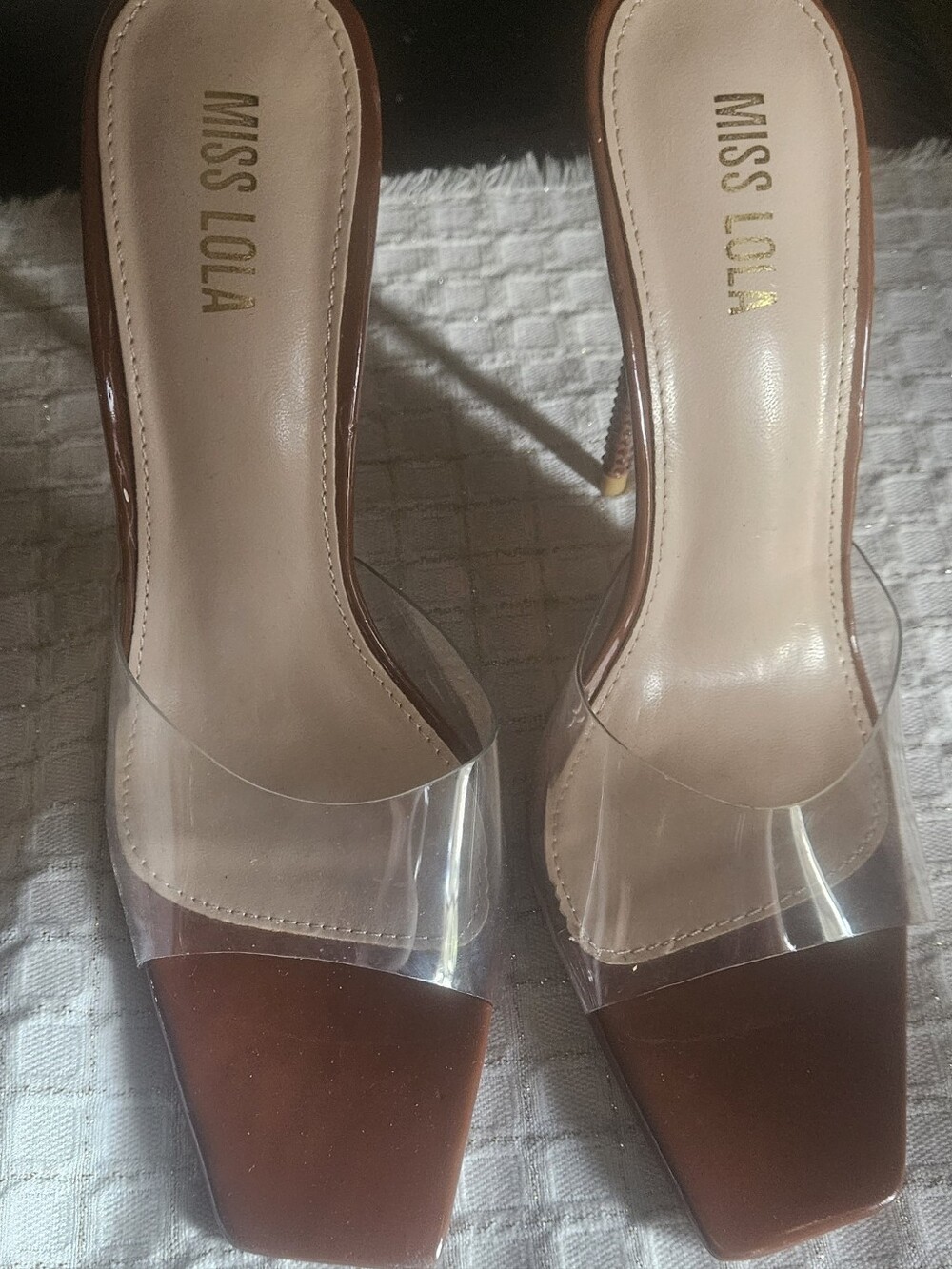 Miss Lola Brown Clear Strap Mule Heels